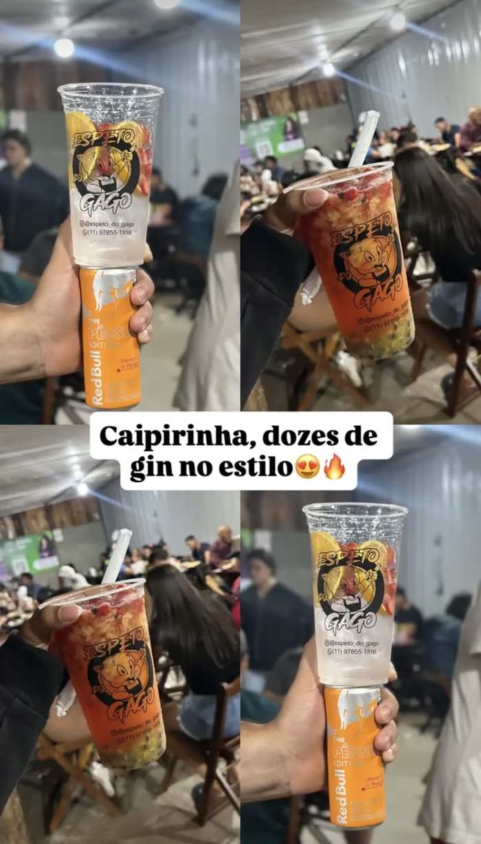 Caipirinhas coloridas servidas no Espeto do Gago, com latinha de Red Bull ao lado